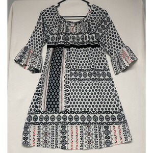 Womens Large Peasant Scarf Print Mini Dress Black White Retro Hippie Inspired